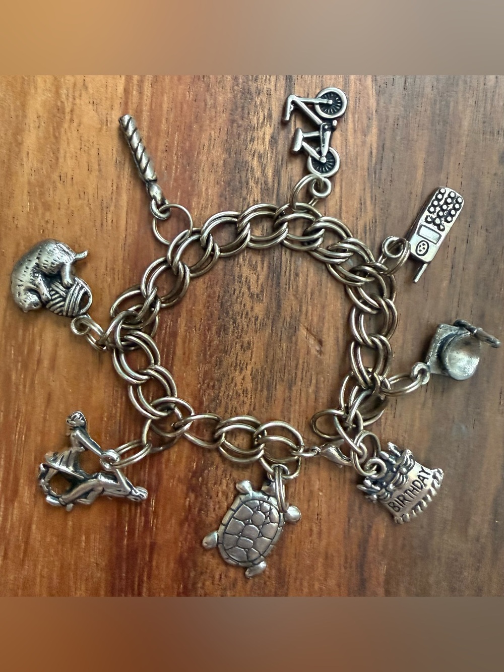 Vintage Silver Tone Charm Bracelet with Turtle and Themed Charms Dancers Bike